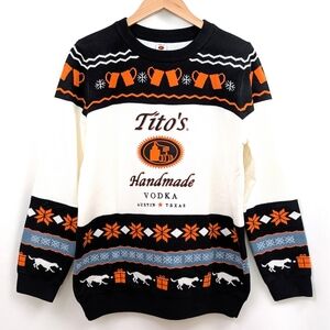 Titos Vodka Sweater Holiday Christmas Ugly Winter Snowflake White Black Orange M